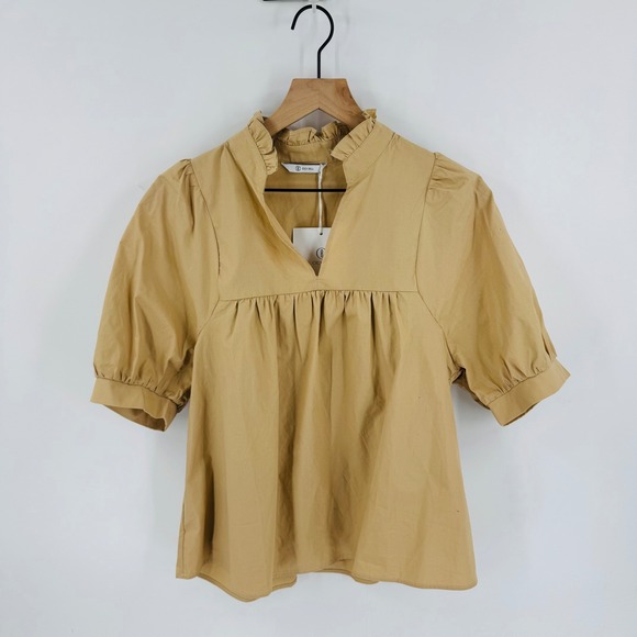 Cicy Bell Tops - Cicy Bell Tan Babydoll Peasant Top NWT Size S Ruffle Puff Sleeve Neutral Capsule